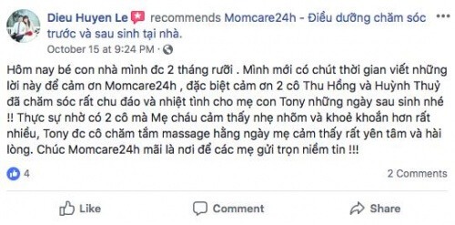 Cảm nhận của Chị Lê Thị Diệu Huyền - Quận 2 sau khi sử dụng dịch vụ Tắm và Massage cho cho Bé